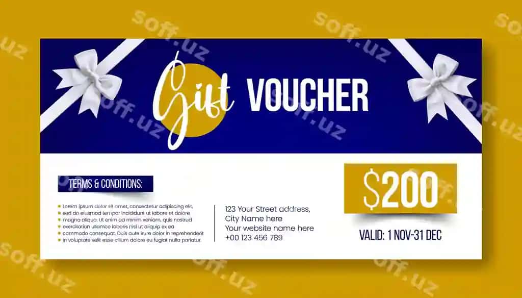 Chiroyli sovuq murojaat lenta bilan chegirma kupon sovg'a berish sovuq kartochka | Elegant gift voucher with ribbon discount coupon giveaway gift card