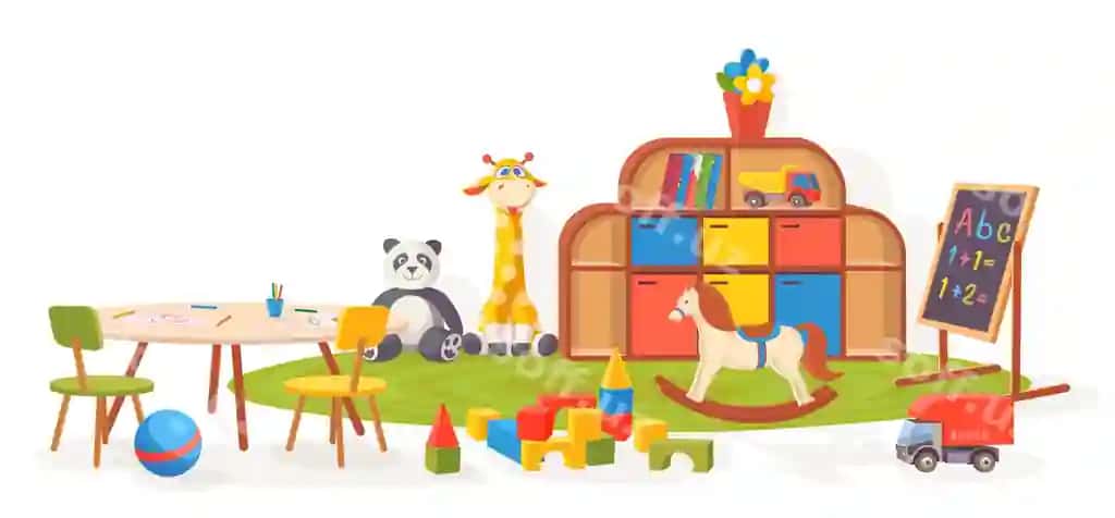Boshlang'ich maktab o'yin xonasi meblellari, o'yinchoqlar, g'ilom, stol | Playing room kindergarten classroom furniture with toys carpet table