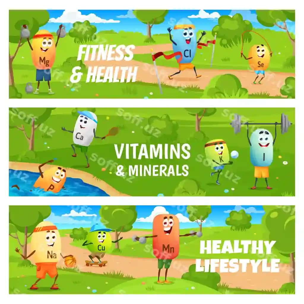 Fitness sog'liq karykatura vitaminlar minerallar sport | Fitness health cartoon vitamins minerals sport