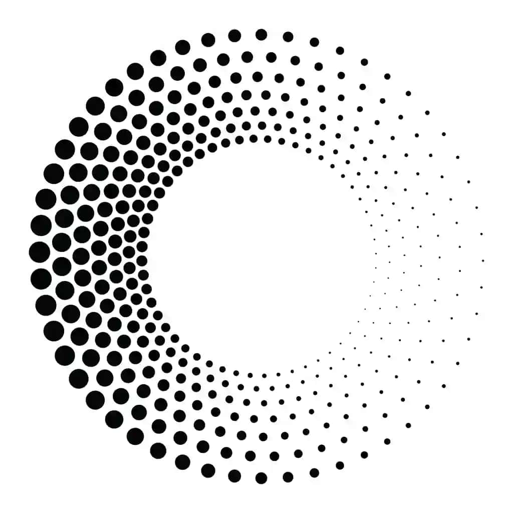 Qora dumaloq yarim tonli tekstura nuqtali radiusli aylanma tornado shaklidagi gradient | Black round halftone texture dotted radial swirl tornado shape gradient