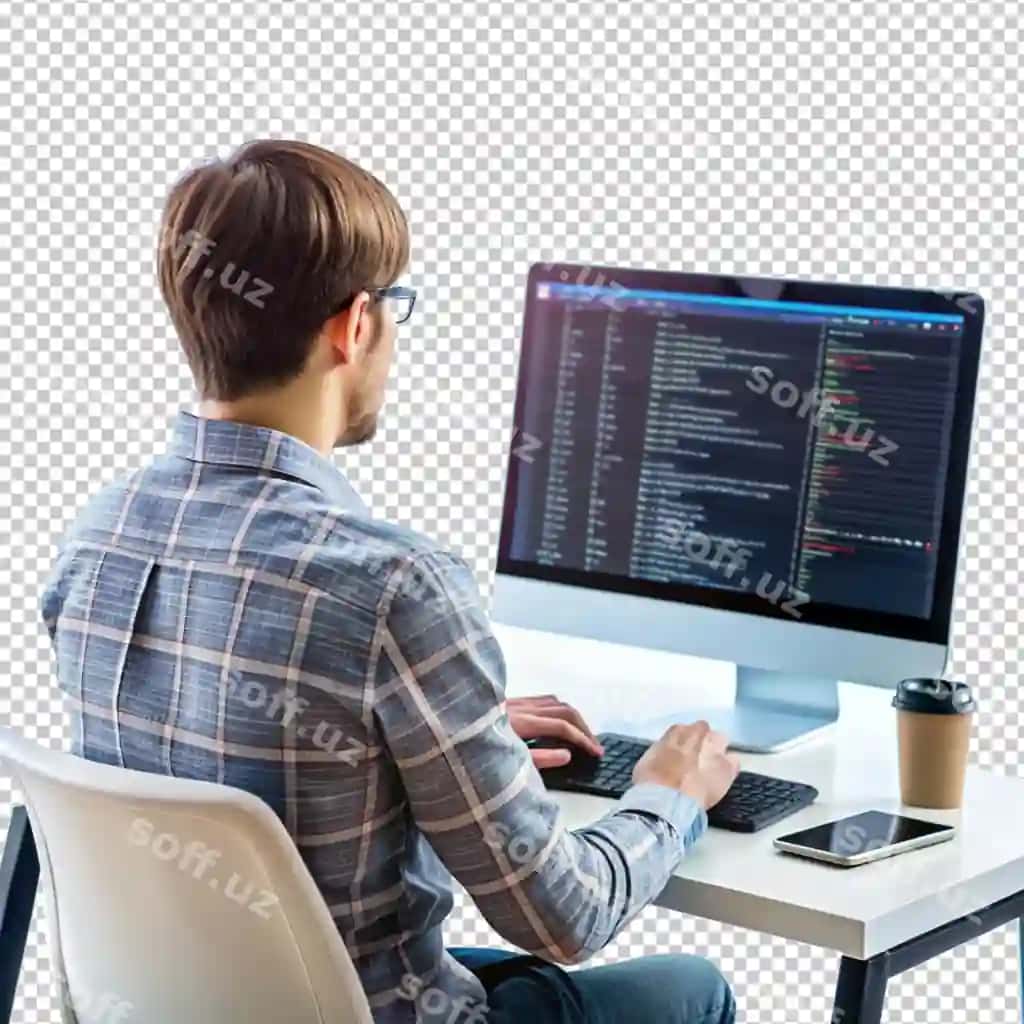 Programirlash fon kompyuterda ishlayotgan shaxs bilan shaffof fon | Programing background with person working computer transparent background