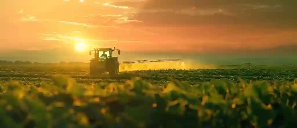 Ekinlarni purkalayotgan traktor, quyosh botishi, qishloq xo'jaligi faolligini aks ettiruvchi keng dala, jonli ranglar osmon | Tractor spraying crops sunset vast field showcasing agricultural activity vibrant colors sky