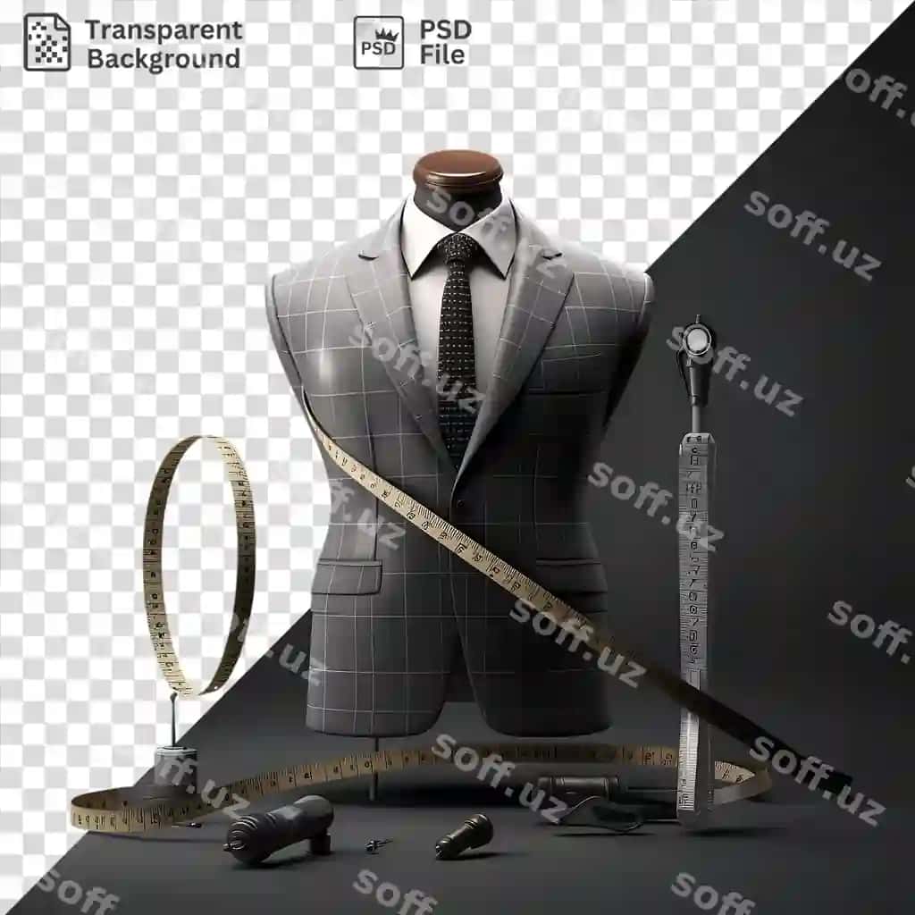 Shaffof orqa fonda ajraltirilgan 3D kurstachi oʻlchash kostyumi | Transparent background with isolated 3d tailor measuring suit 2
