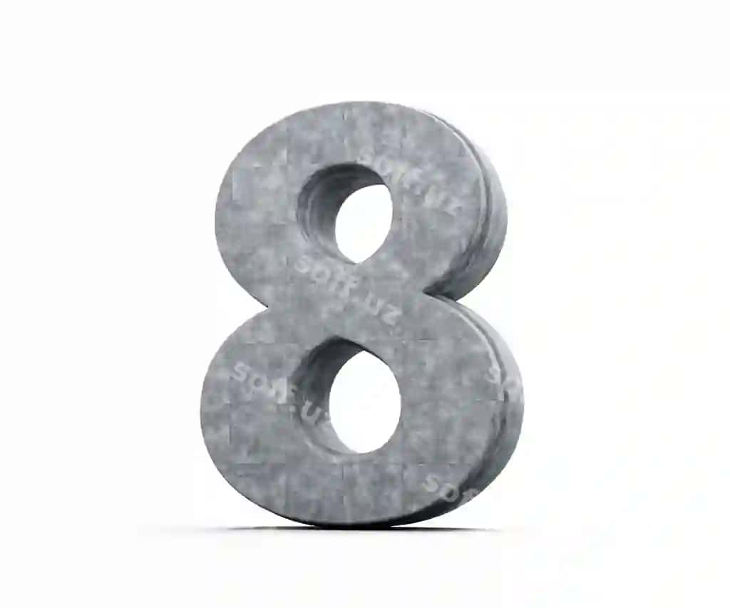Betoni raqam sakkiz (8) kulrang betoni toshdan tayyorlangan oq fon 3D illustratsiyasi | Concrete number eight 8 digit made grey concrete stone white background 3d illustration
