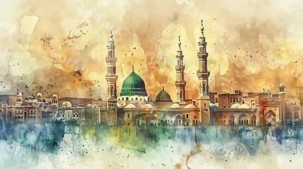 Suvarli rangda qo'l bilan chizilgan Poyg'ambarlar masjidi An-Nabaviy masjidi Madinah, Saudi Arabiya | Watercolor hand draw prophets mosque masjid annabawi medina saudi arabia