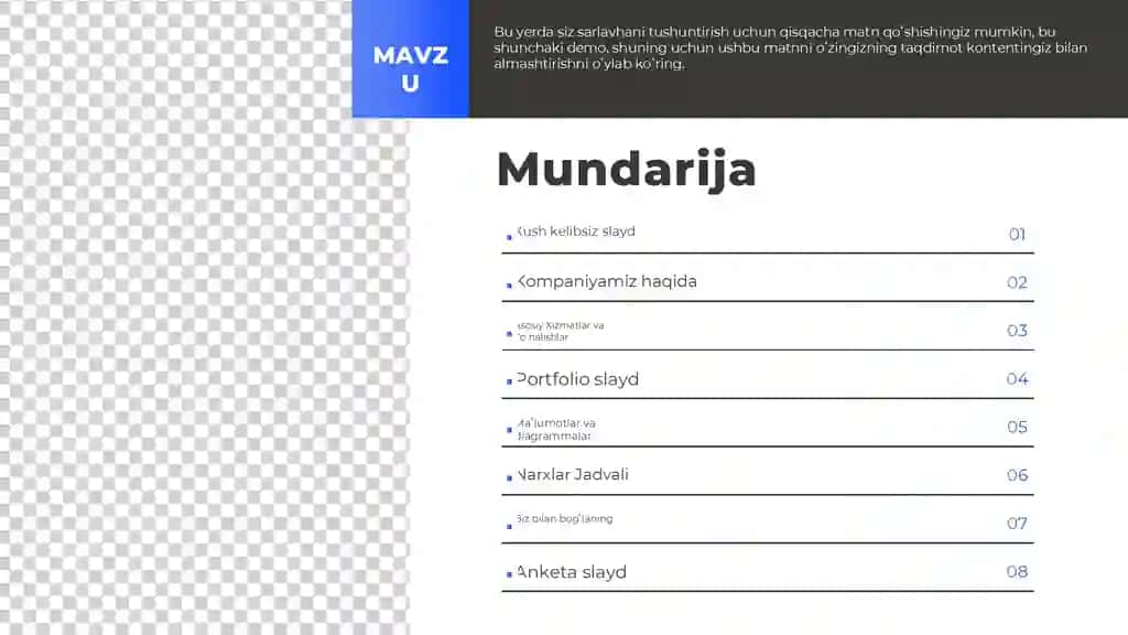 Zamonaviy Animated Contents Table Taqdimoti (10 Slayd)