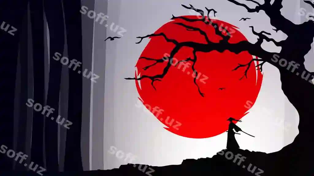 Shahar samurai daraxt devor varaqi bilan Yaponiya mavzusidagi devor varaqi silueti | Urban samurai with tree wallpaper japanese theme wallpaper silhouette