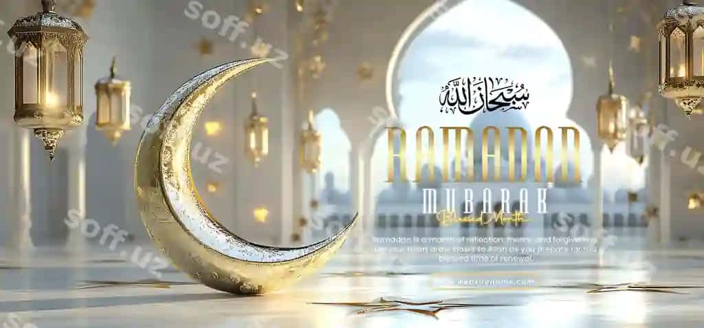 Ramada kareem shabloni oltin hilol chiroqlari bilan masjid | Ramada kareem template with golden crescent moon lanterns mosque