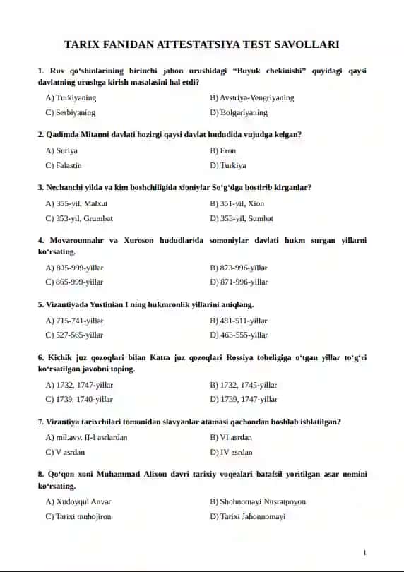 Tarix fanidan attestatsiya testlari
