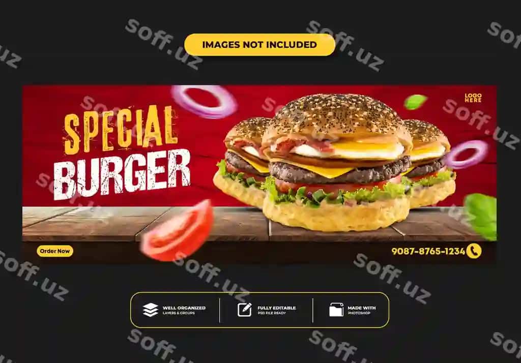 Facebook qop post banner shablon restoran tezkor ovqat menyu burger | Facebook cover post banner template restaurant fast food menu burger 2