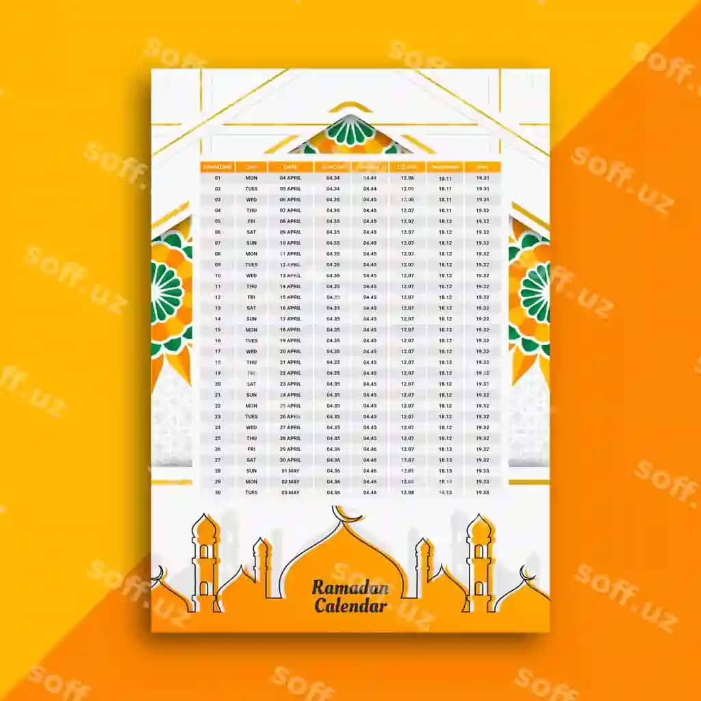 Oq apelsin Ramazon taqvimi mavzu flyer poster dizayni Ramazon bilan | White orange ramadan calendar theme flyer poster design with ramadan