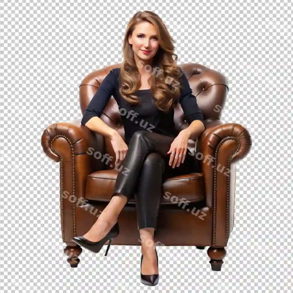 Chiroyli ayol choy divanga o'tirgan, ajraltirilgan shaffof fonda | Gorgeous lady seated leather armchair isolated transparent background