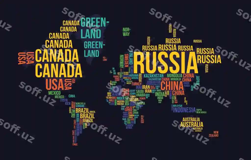 Dunyo xaritasi davlat nomlari davlat shaklida qora fonda | World map with country name as country shape black background 2