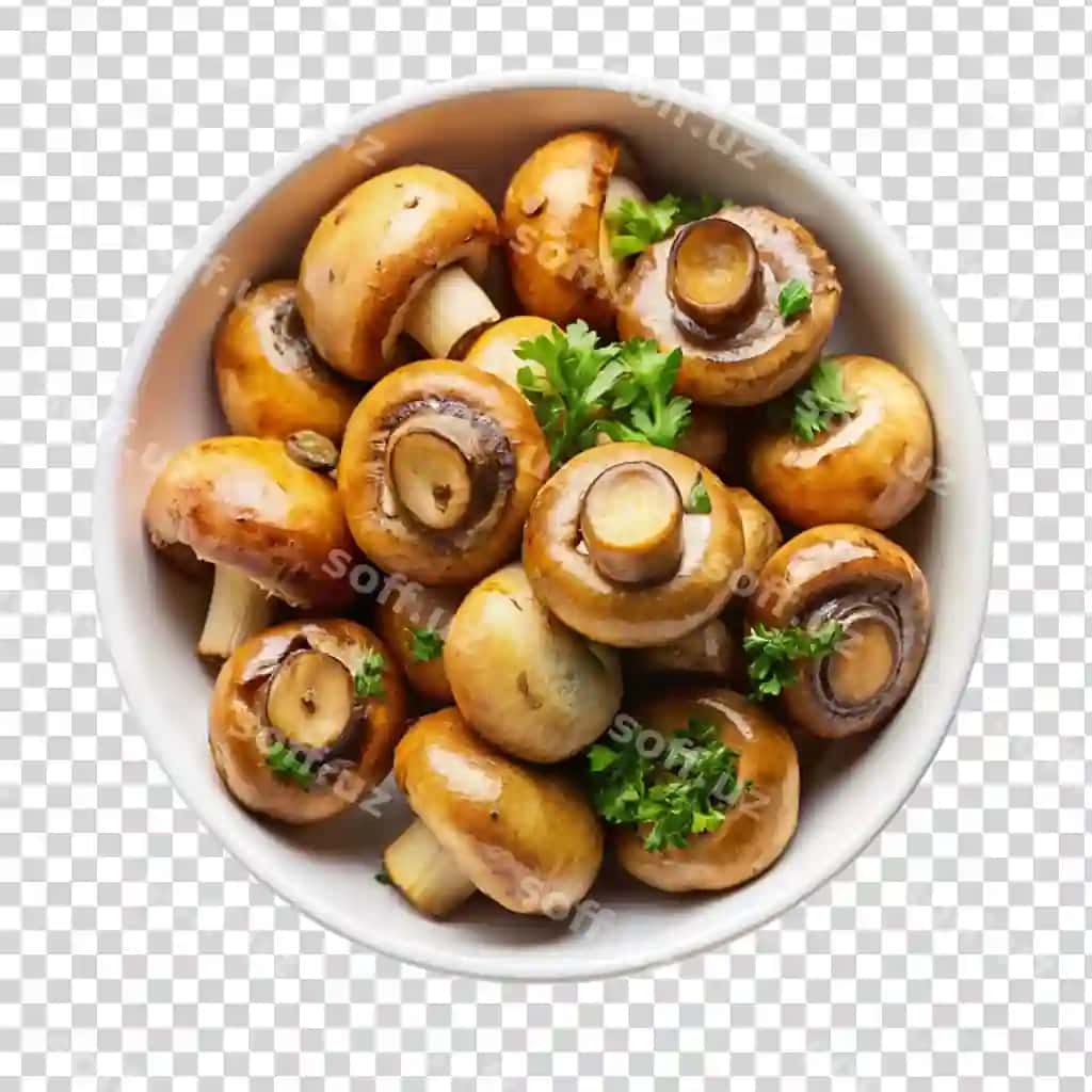Qovurilgan champignon qovoqchilari oq qovuqda yuqori ko'rinish ajraltirilgan shaffof | Fried champignon mushrooms white bowl top view isolated transparent 2