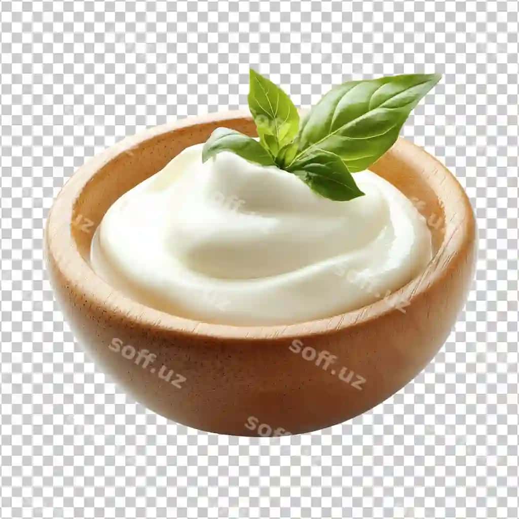 Qaymoqli yangi bazilli yog'ochli qoshiq kesilgan shaffof | Creamy dip with fresh basil wooden bowl cut out transparent