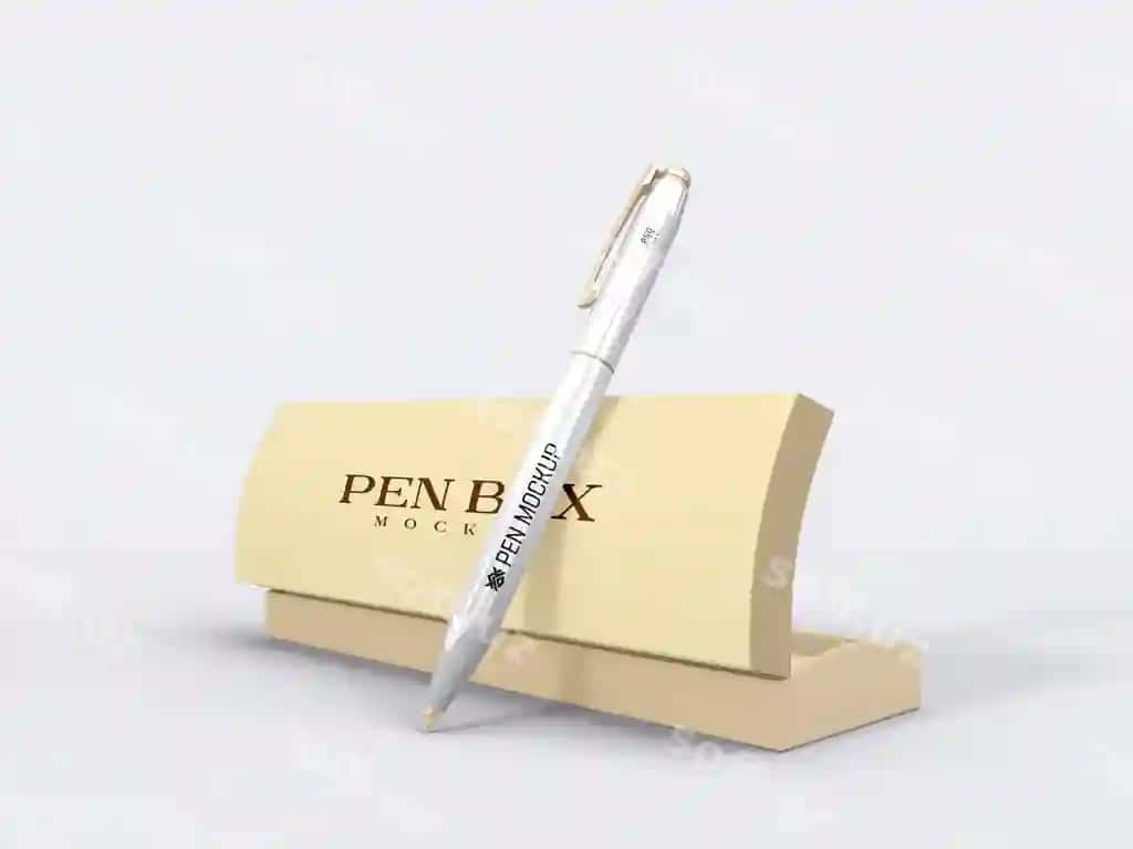 Qoziq pen sovg'a qutisi bilan brendirovka mockup | Writing pen with gift box branding mockup