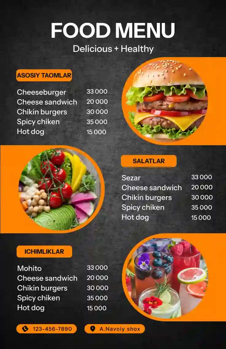 Restoran yoki kaafe uchun estetik dizaynda Food menu