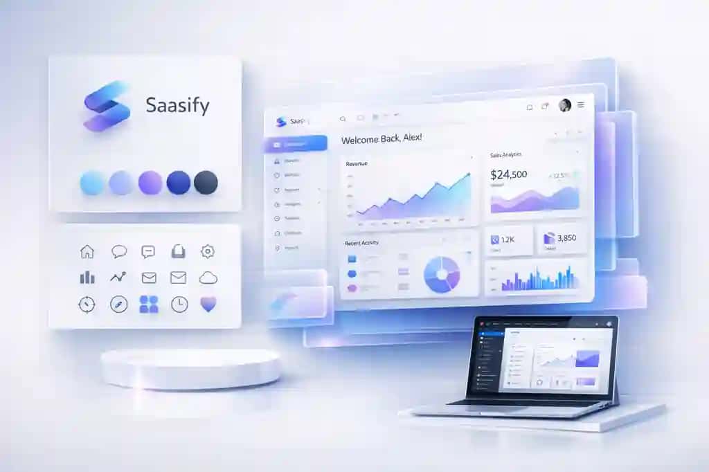 SaaS Landing Page, Dashboard & Branding Bundle – Figma UI Kit + Logo + Icons