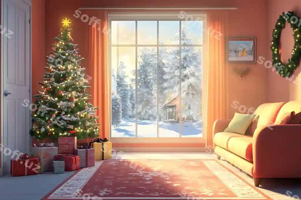 Yashil uyda Yangi yil yeli, derazda "Christmas" va "it" so'zlari. | Living room with christmas tree window with words christmas it