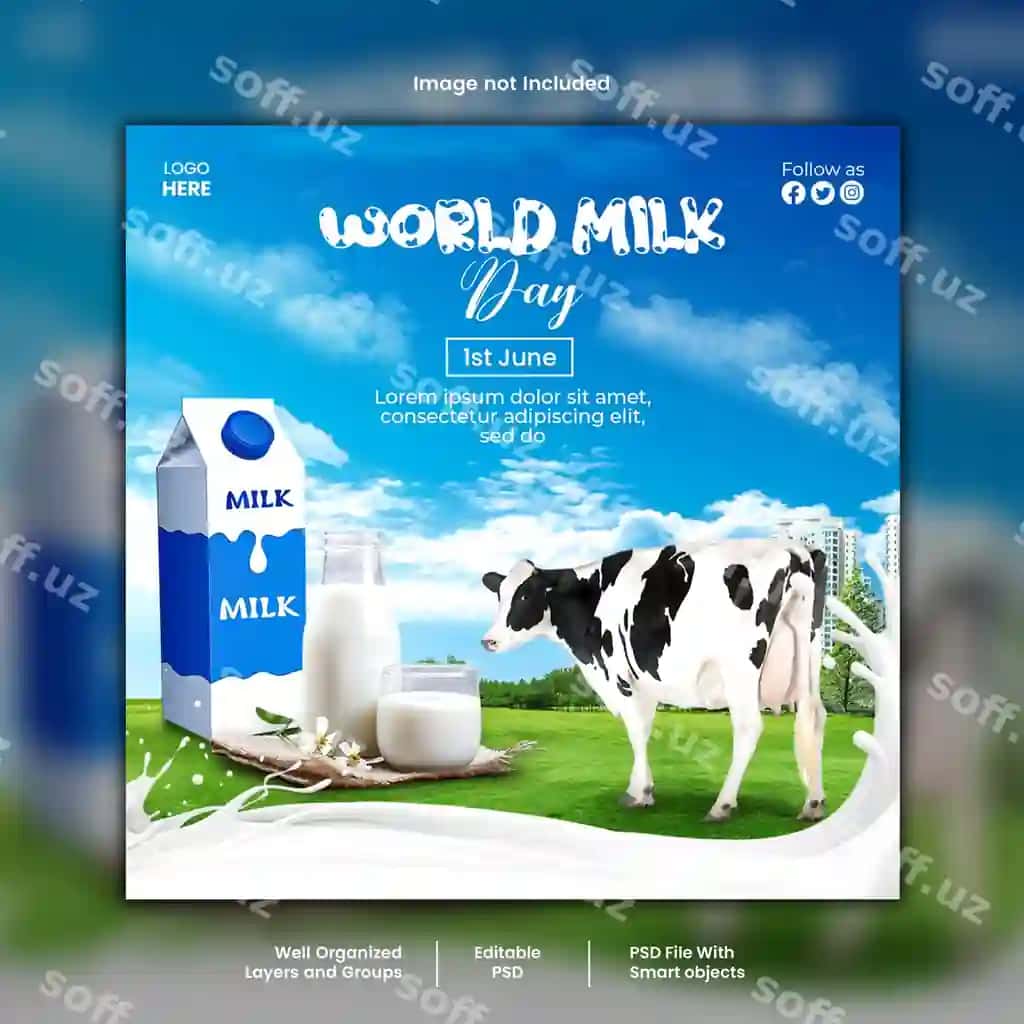 Jahon Sut Kuni uchun mos dizayn, poyezrer, baner, ijtimoiy tarmoqlardagi post va hokazo | World milk day design suitable poster banner social media post etc