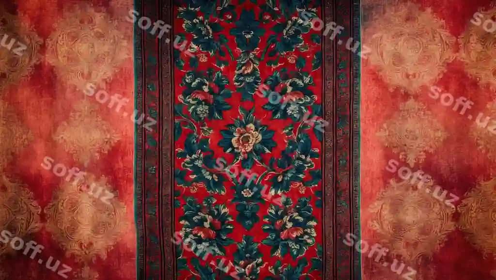 Naqshli eski mato, ko'plab gulli naqshlar, qizil-yashil ranglar | Ornate vintage textile with rich floral patterns red green hues