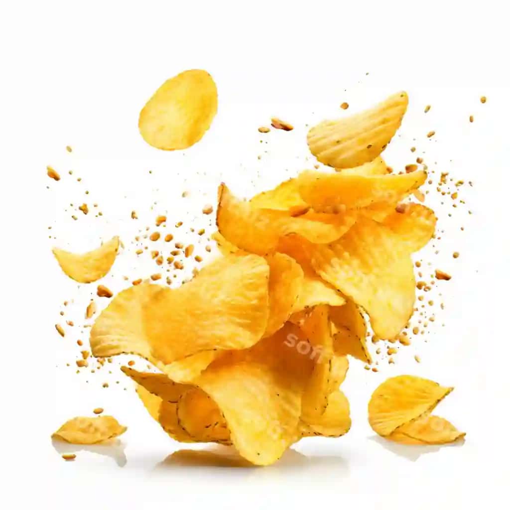 Aerofon kartoshka chiplari havaga joyilgan oq yuzka generativ sun'iy intellekt | Arafed potato chips falling into air white surface generative ai