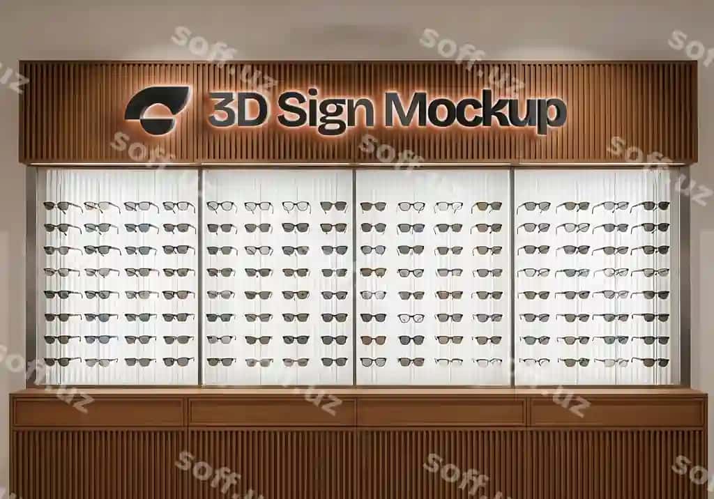 Haqiqiy 3d signa mockup ko'z qoplari do'kon ekrani | Realistic 3d sign mockup eyewear store display 2