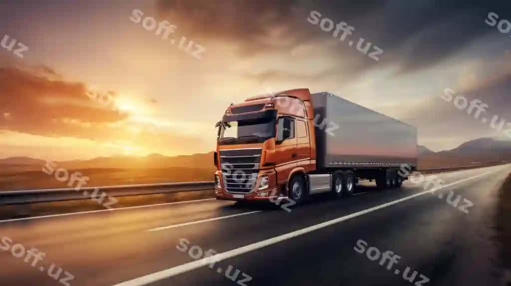 Yuk avtomobili asfalt yo'li bo'ylab qishloq manzarasi va quyosh botishi generativ AI texnologiyasi yordamida yaratilgan | Truck driving asphalt road rural landscape sunsetcreated with generative ai technology