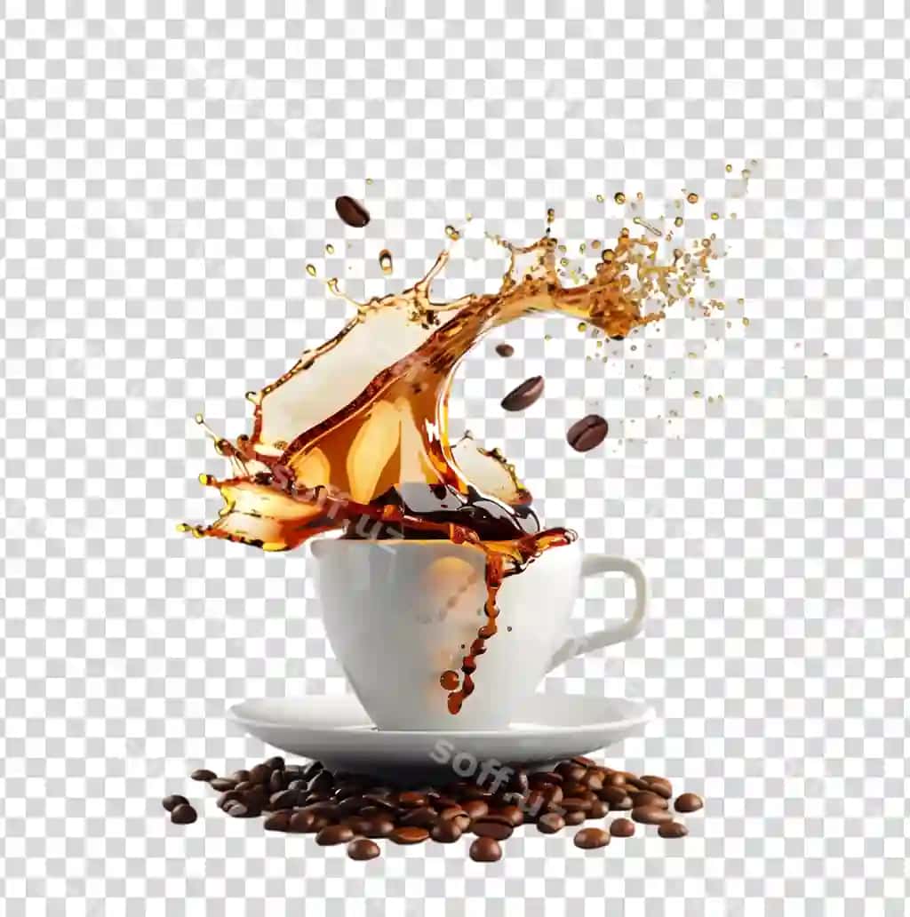 Qahva boniqalari splaysh stakanchi shaffof orqa fonda | Coffee beans splash cup with transparent background