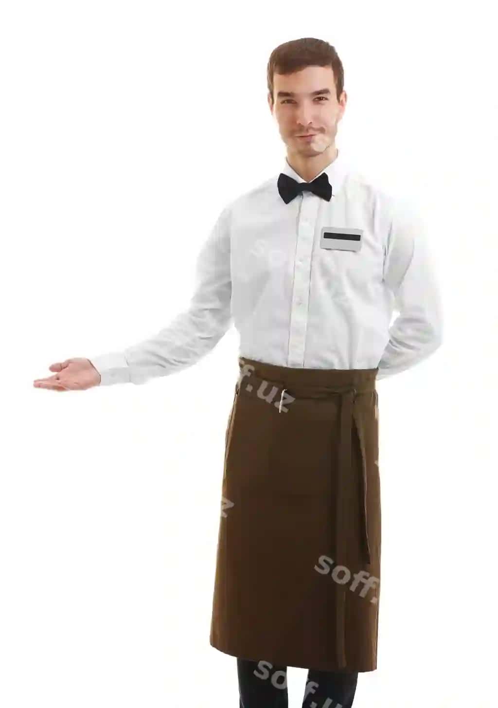 Chiroyli ofitsiant sizni xush kelibsiz oq orqa fon | Cute waiter welcoming you white background 2