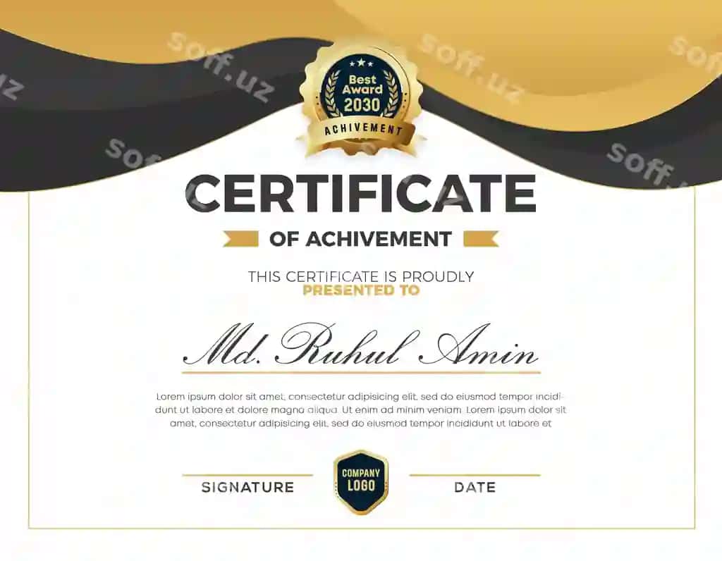 Zamonaviy chiroyli oltin gradientli sertifikat muvaffaqiyat shabloni dizayni | Modern elegant gold gradient certificate achievement template design