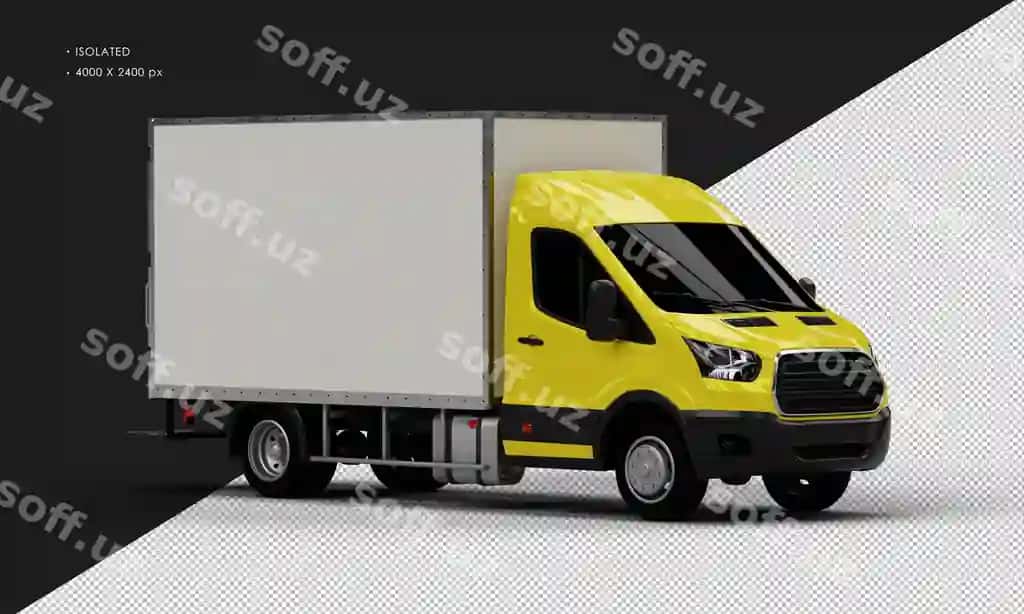 Ajraltirilgan realistik yorqin sariq Transit qutusi yuk avtomobili ong tomondan oldingi | Isolated realistic shiny yellow transit box van from right front