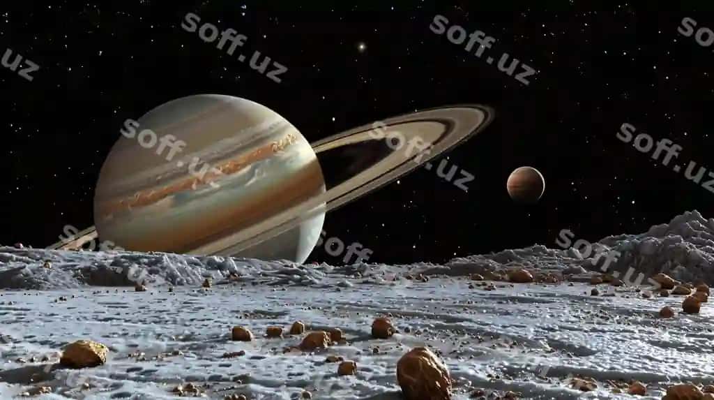 Saturn halqalari va uy qochlari muzliq uy qoch yuqori sathidan ko'rinishi yulduzli osmon. | Depicting saturn with rings moons seen from icy moon surface starry sky