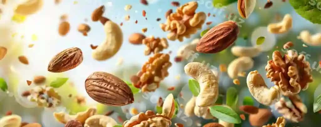 Turli xil yangi shirinlar, jumladan, shirinlar, guruchlar, kaskaval, havo ichida uchadiganlar, ularni namoyish etadi. | Variety fresh nuts including almonds walnuts cashews flying air showcasing their
