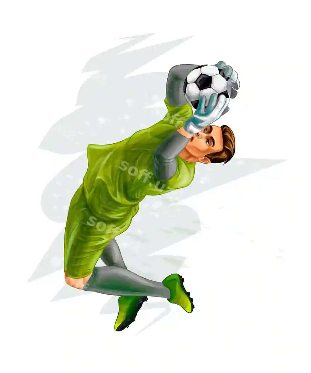 Futbol portier to'pni sakrab vektor realistik illustratsiya bo'yovchi | Football goalkeeper jumps ball vector realistic illustration paints