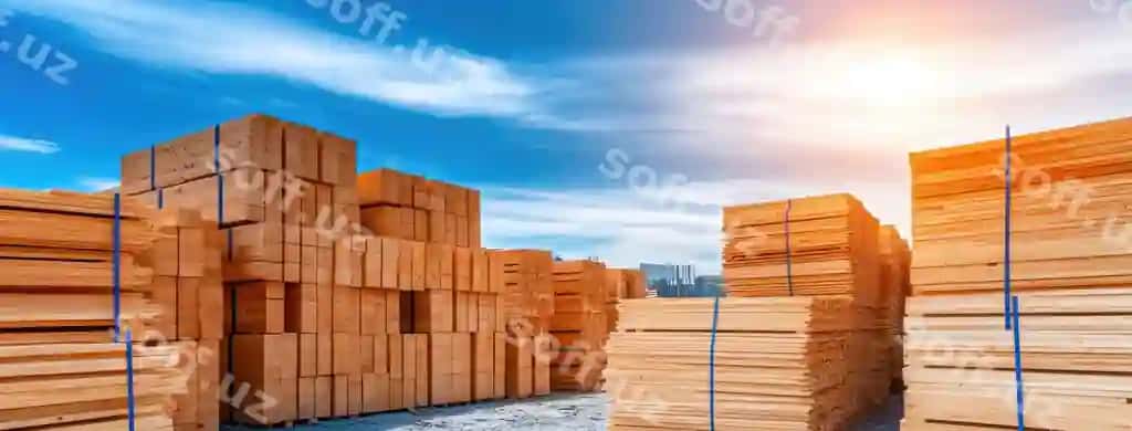 So'nggi joylangan chortoq yog'osi dvortsy, harakatlanuvchi qurilish joyi, tayyor bino qurish, Oltin soat | Freshly stacked pine wood planks bustling construction site ready building crafting golden hour