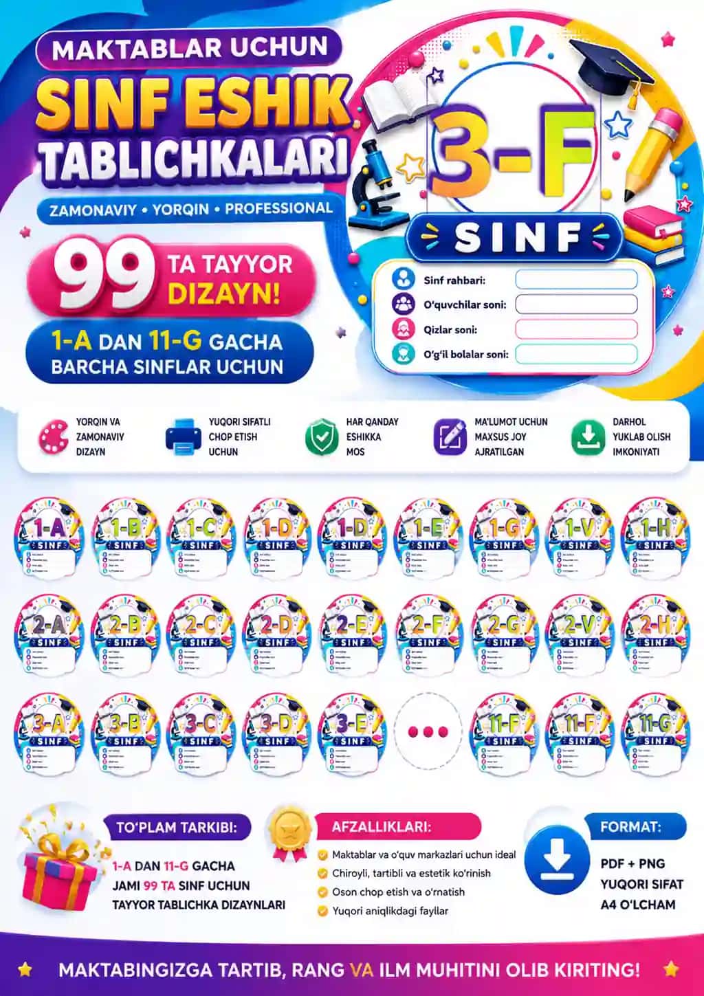 Sinf eshik tablichkalari | 1-A dan 11-G gacha tayyor dizaynlar
