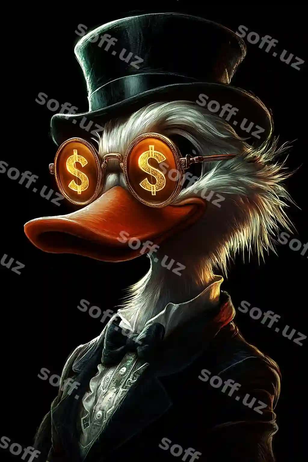 Ordak dollar belgilari bilan shoplangan shapkani kiygan | Duck wearing hat with dollar sign it