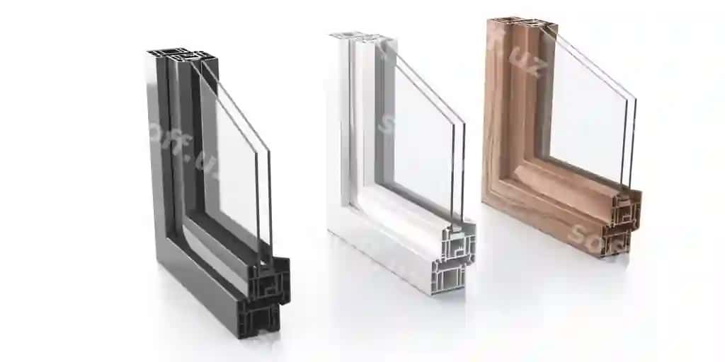 PVC aqluminiy metal ramkalar ikki steklyli ajraltirilgan oq fonda 3D illustratsiya | Pvc aluminum metal frames with two glasses isolated white background 3d illustration