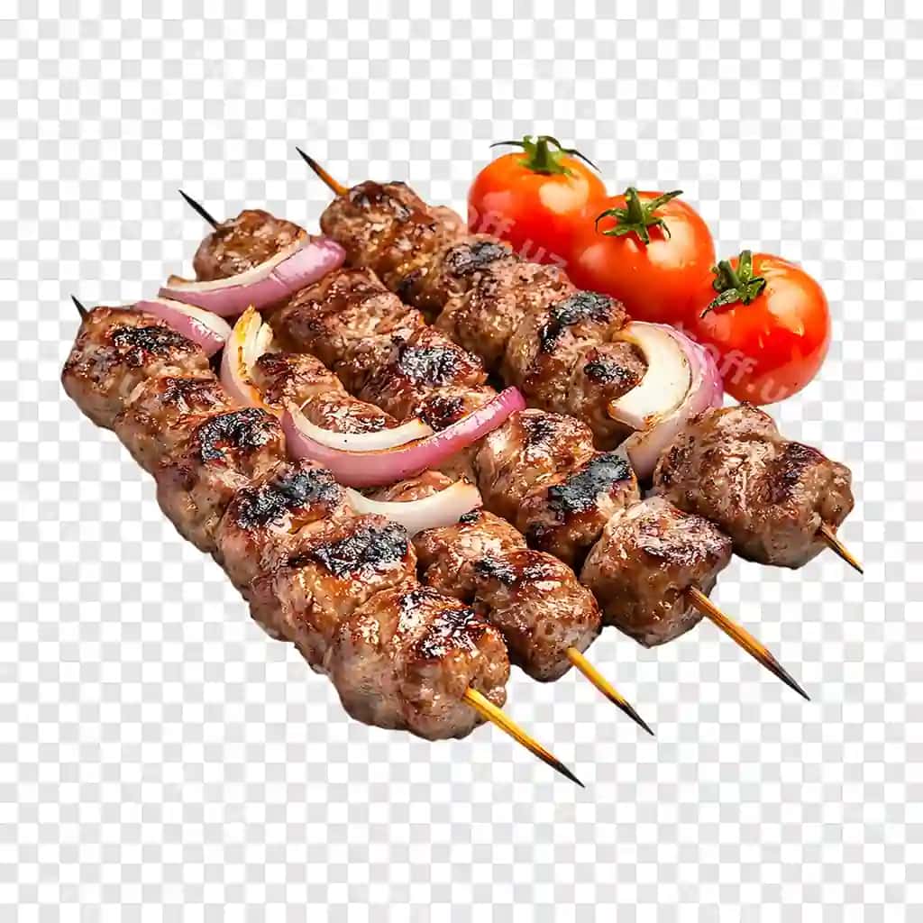 Pishirilgan gosht shashligi, qozonlangan shashlik piyoz va pomidorlar bilan shaffof | Grilled meat skewers roasted shish kebab with onion tomatoes transparent