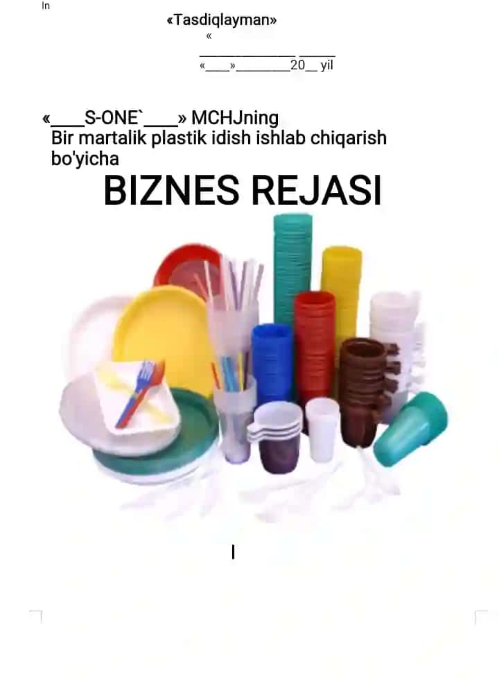 Bir martalik plastik idish biznes reja