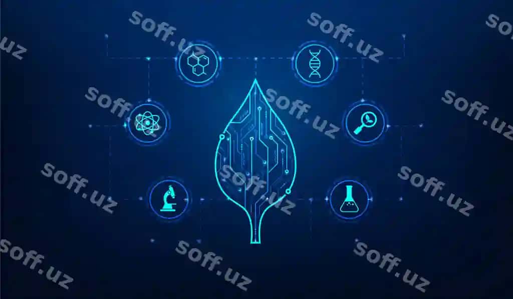 Biologiya, fan va texnologiya interfeysi: ikonka, ko'k fon, yaprak | Biology science technology interface with icon blue background leaf
