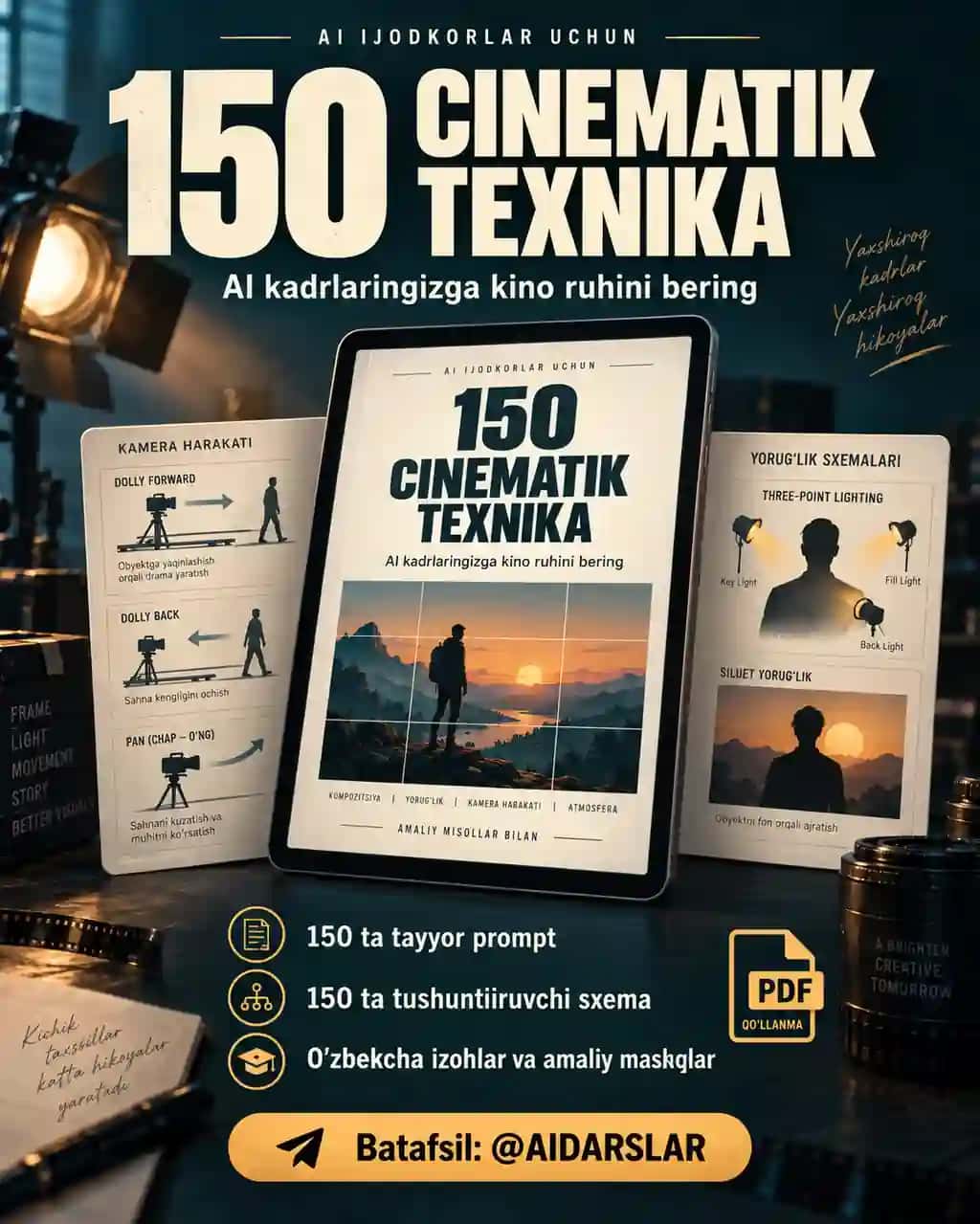 150 cinematik texnika. AI rasm va video uchun tayyor promptlar va o‘zbekcha qo‘llanma