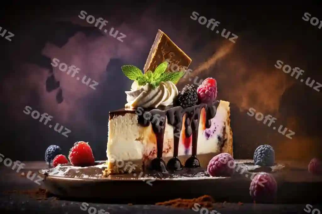 Cheesecake kesmasi shokoladli souse bilan qaramida mevalar yuqorida. | Slice cheesecake with chocolate sauce raspberries top