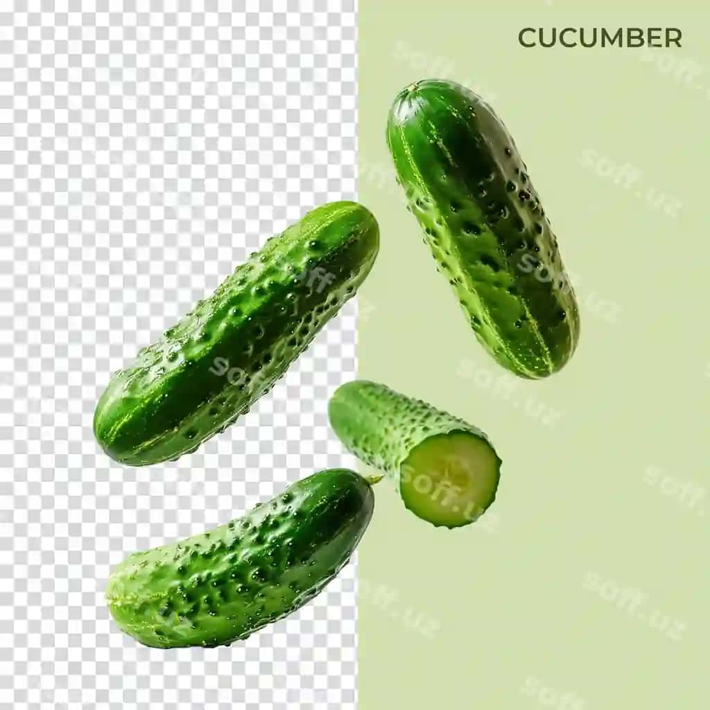 Sovuq yashil kabachok levitatsiya qilish ajraltirilgan shaffof fonda PSD | Fresh green cucumber levitate isolated transparent background psd