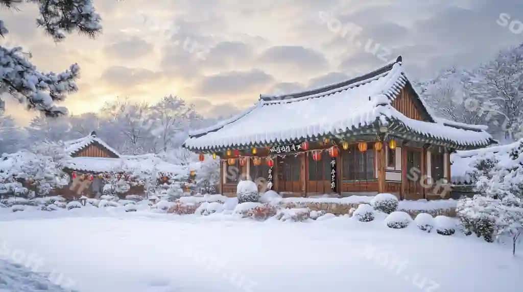 Tinchi qish manzarasi qor o'ralgan uylar bilan | Serene winter landscape with snowcovered homes