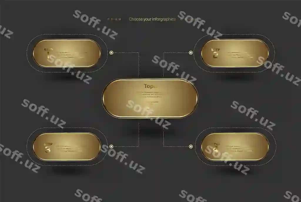Besh oltin qadamli banner 5 oltin grafiklar besh shakl bilan aylanma | Set five golden steps banner 5 gold charts rounded by five shapes
