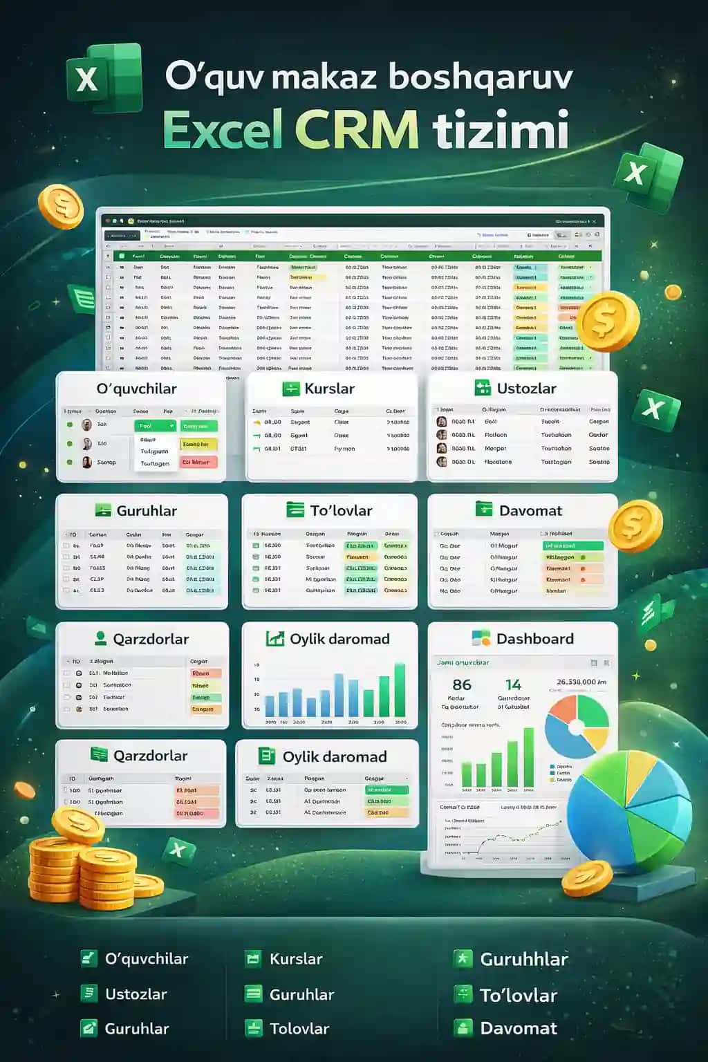 O‘quv markaz uchun professional Excel CRM tizimi