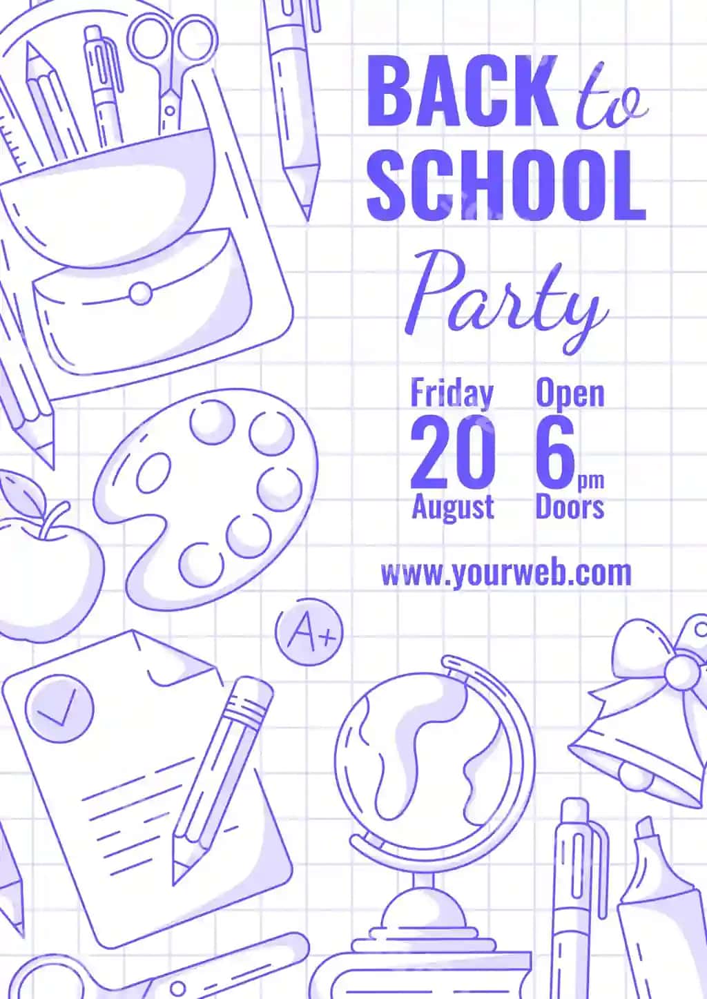 Maktabga qaytish festivali vektor ko'k zamonaviy minimalizmli plakat maktab bilan | Back school party vector blue modern minimalist poster with school