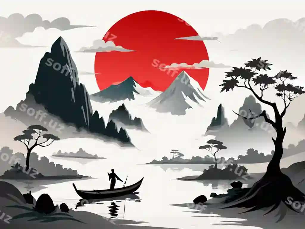 To'pka manzara qizil quyosh inson qayiq | Mountain landscape with red sun man boat